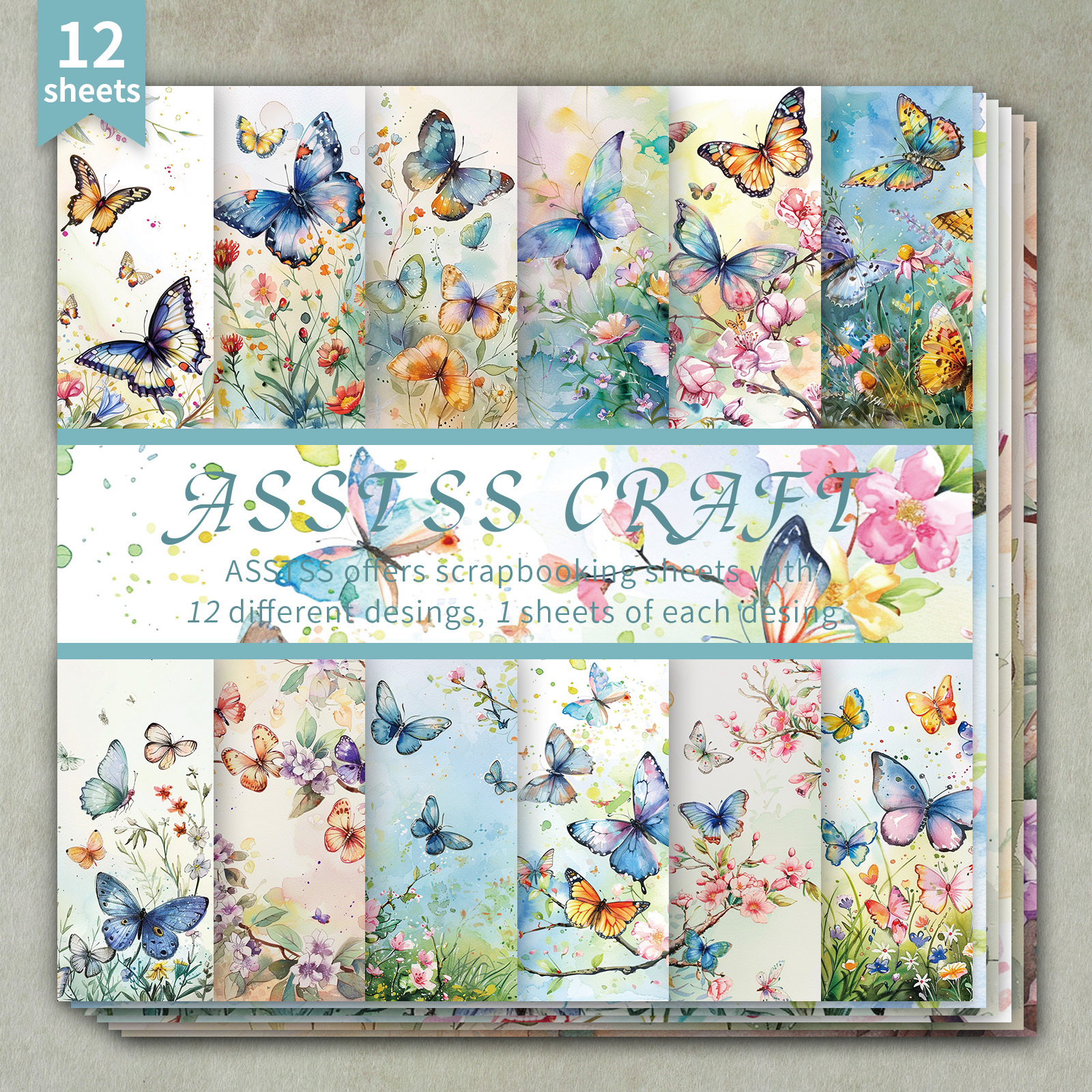 TEMU Un bloc de papier scrapbooking de 12 feuilles mesurant 6 par 6 pouces, avec un motif papillon aquarelle et floral, idéal pour divers projets de