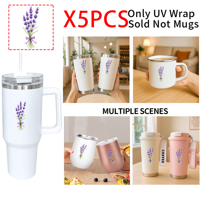 TEMU 5pcs/set, Lavender, Bouquet Pattern Decorative Sticker, Wine Glass Recognizer, Uv Dtf Transfer Sticker, Mug, Glass, Mobile Phone Case And Laptop