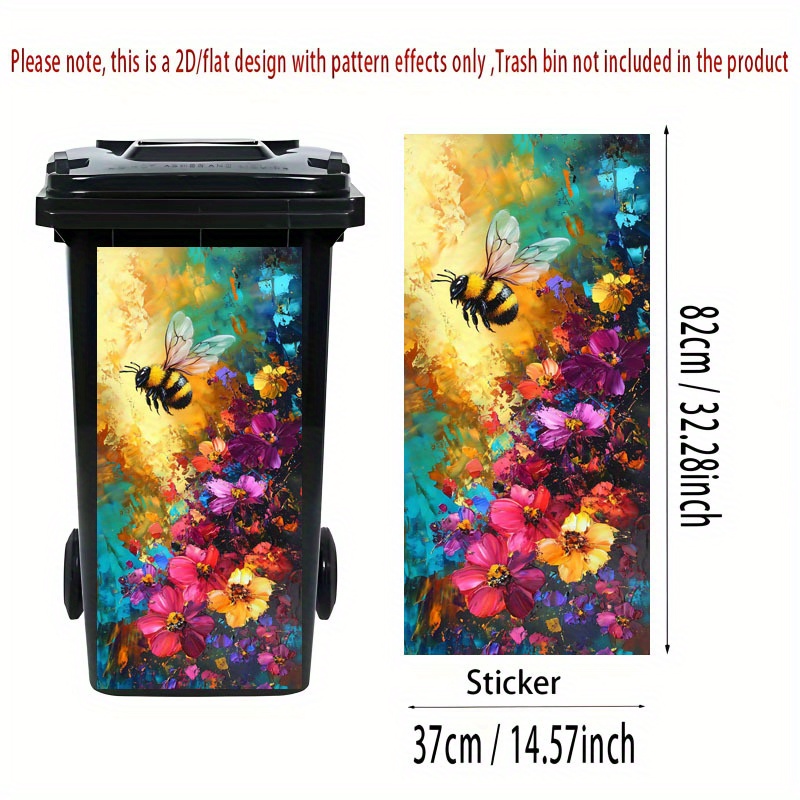 Image of [2d Flat Printing] 1pc Trash Can Sticker 37 X 82 Cm Vibrant Bees And Floral Theme Design Self-adhesive Wall Decoration Kitchen Trash Can Decor (suitable For Trash Cans, Walls, Home Decor)