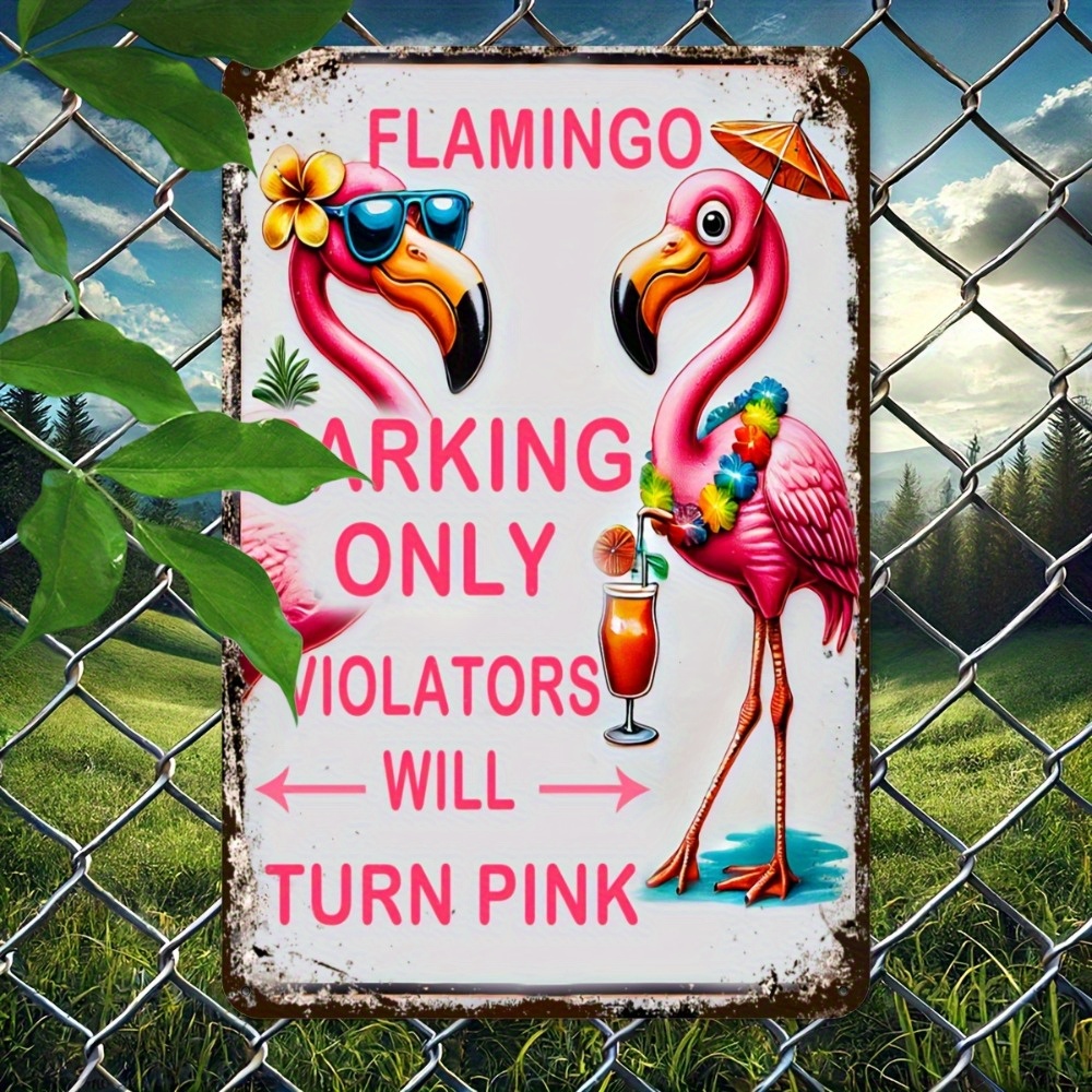 TEMU 2d Flat - 1pc 2d Flat Humorous For Flamingo Parking Metal Tin Sign, 'violators Will Turn Pink', 8 X 12inches Outdoor Indoor Wall Art Hanging