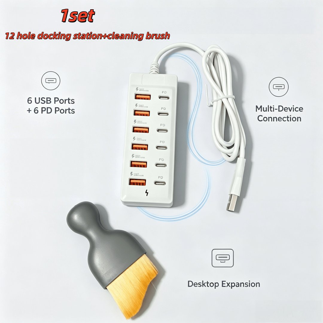 TEMU 1 комплект 12-портового USB-хаба з щіткою для чищення, 6 USB-A та 6 PD Multiport USB Extender Docking Station, адаптер для зарядки кількох