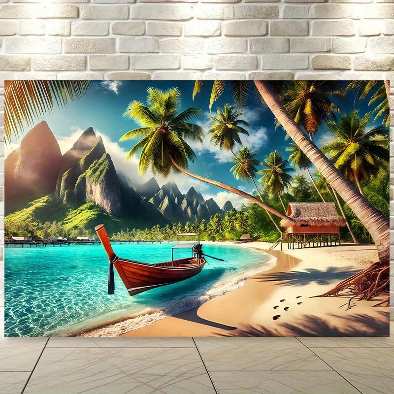 1pc   Beach Scene Background Banner- Large 8x6 Feet Sapphire Blue Ocean Palm Trees&   Wall Mural, Self-  Wallpaper, Suitable for Living Room, Bedroom, Office, Outdoor Party Decoration- No Electricity