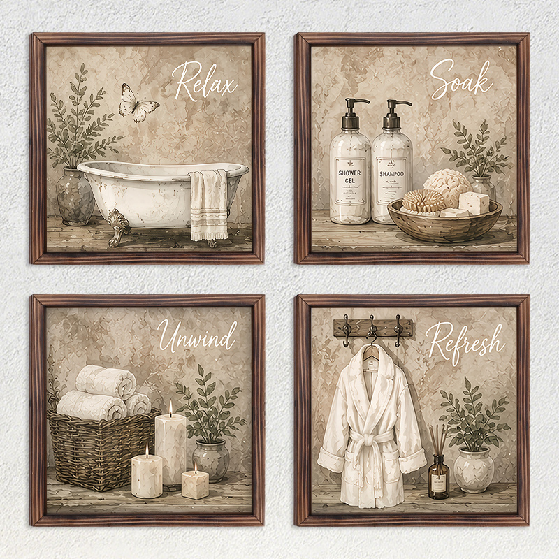 TEMU 2d Flat, 2-d Flat 4pcs Set Rustic Wooden Wall-mounted Bathroom Signs - Square Minimalist Style, Suitable For "soaking & Relaxing" Hanging Sign,