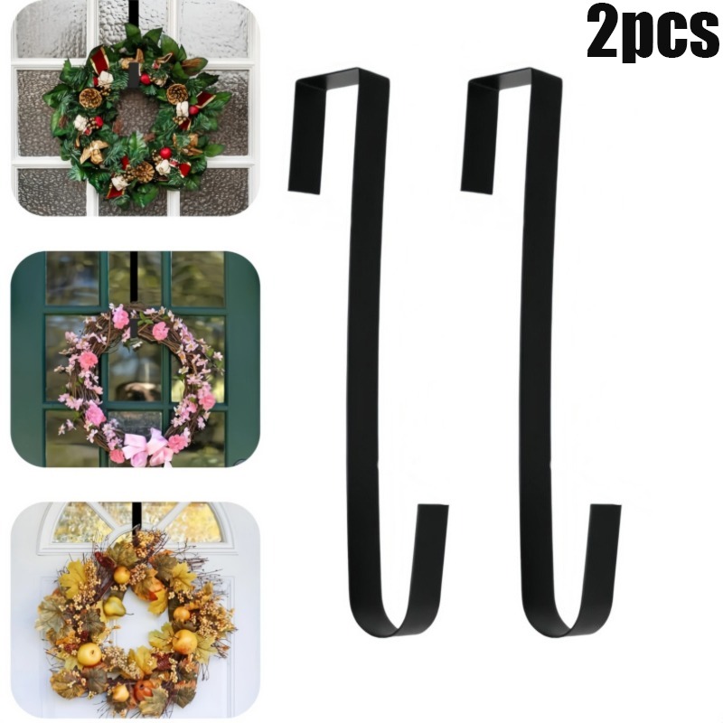 TEMU 2pcs Black Pure Metal Over-the-door Wreath Hanger, No-drill Heavy-duty Front Door Suspension Bracket, Reusable Door Hook, Suitable For Christmas