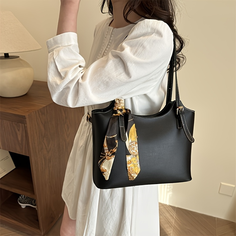 [2025 Spring Retro Bag] Retro Pu Soft Shoulder Bag For Women| Minimalist Commuter Tote With Scarf Decoration, 2025 Spring/summer Seasonal, Perfect For And Work