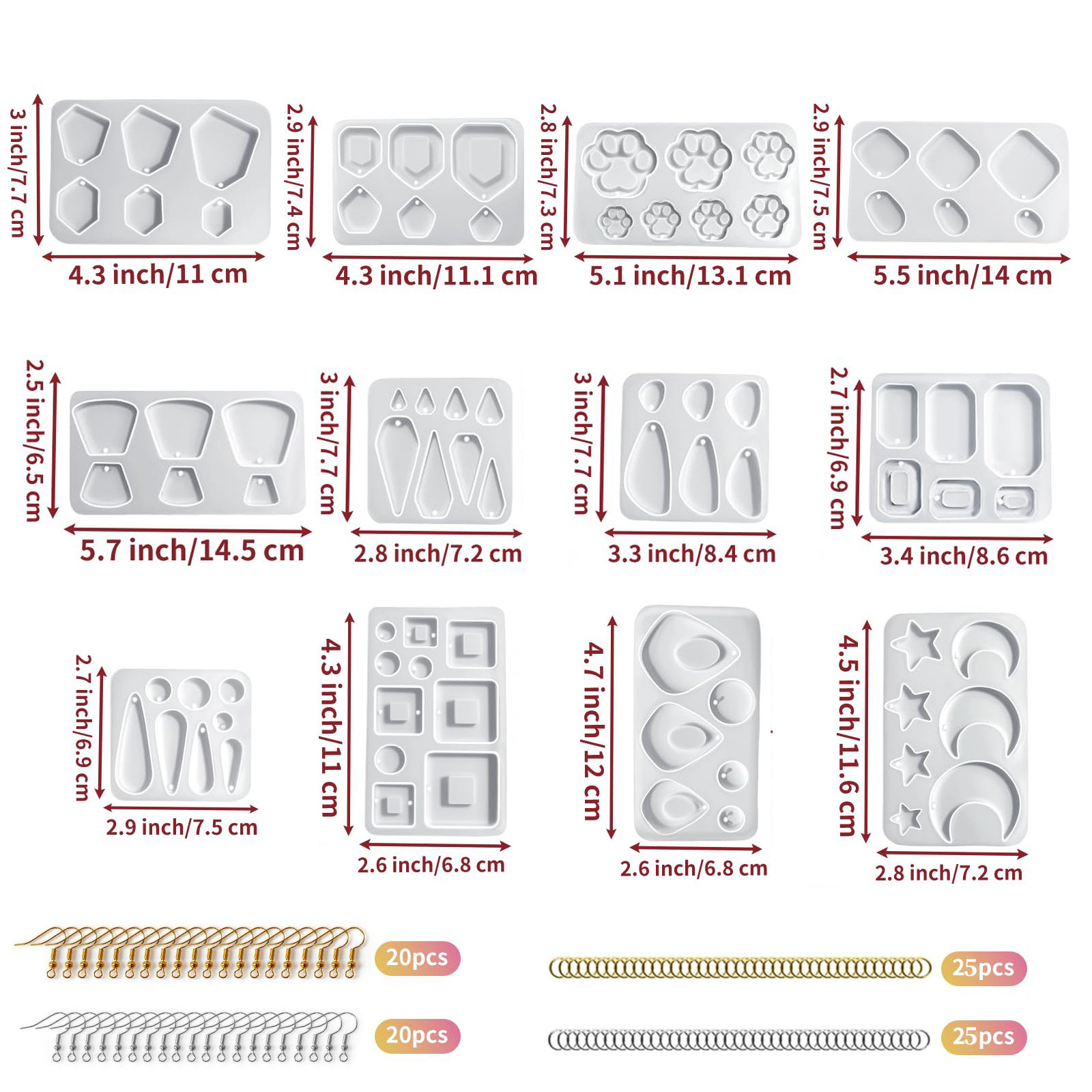 TEMU 12pcs Epoxy Silicone Earring Mold Kit With Jump Rings & Hooks Suitable For Making, With Round/rectangular Shapes For Resin Crafts, Suitable For