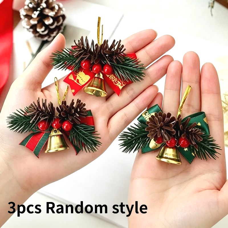 TEMU 3pcs New Christmas Pine Needle Bow Additions, Gift Box Additions, Wreath Pine Branch Bells, Exquisite Christmas Tree Ornaments, Random Style