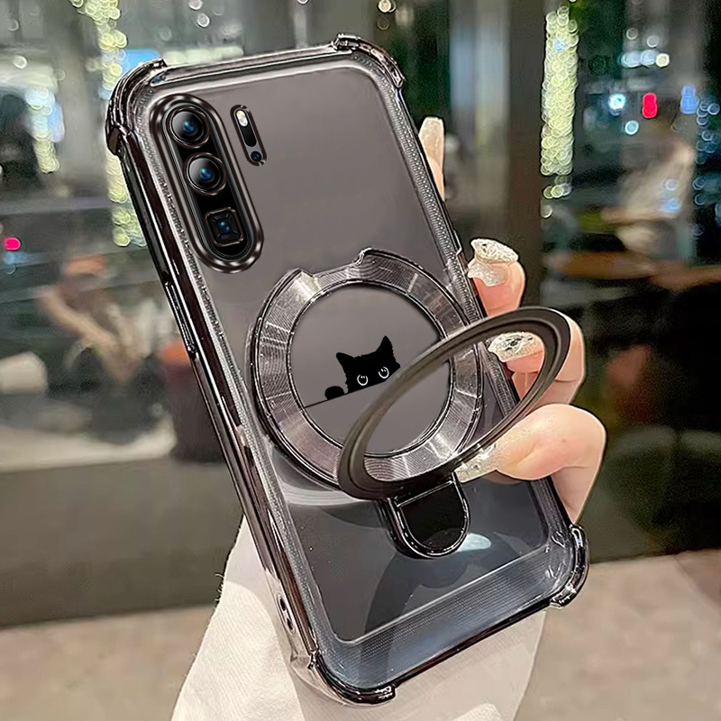 TEMU Adorable Transparent Phone Case Featuring A Black Cat, Designed For The , Offering Shock Resistance And A Stand Function With A Mixed Set