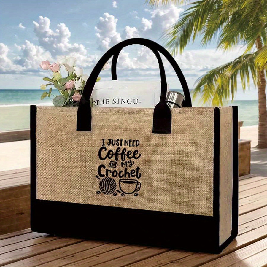 TEMU Fashionable Jute Fabric Tote Bag With Queen Print - Spacious, Elegant -colored Handbag | Suitable For Work, School, Shopping, And Beach , For