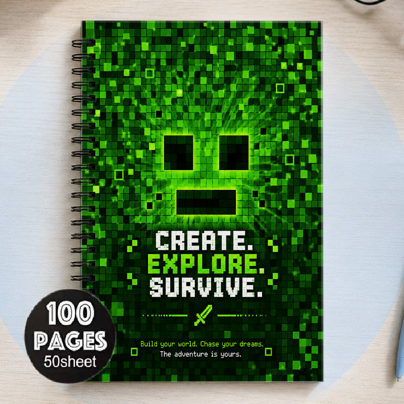 TEMU 1pc Green Pixel Block Face Adventure Theme 2d Flat Printed Pattern Spiral Notebook, Cover With Hd Printing, Inner Pages Of Quality , Flat Lay