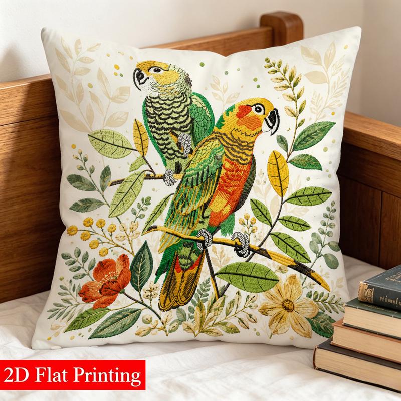 2D Flat Printed Double-Sided Pillowcase, Size 45 X 45Cm, Tropical Birds And Flowers Pattern, Modern Style, for Living Room, Bedroom, Sofa, Office Decor, No Pillow Insert, Home Decor Hot Style