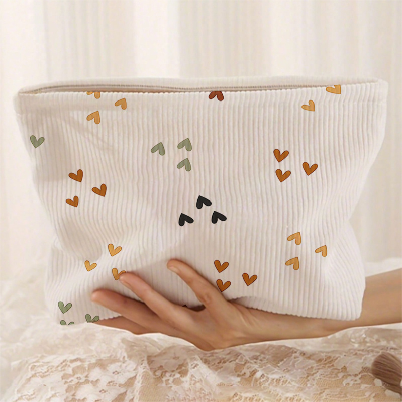 TEMU Heart Print Corduroy Makeup Bag On A Black Background - Lightweight Zippered Lined Multi-functional Storage Bag For Toiletries And Additions, Unisex