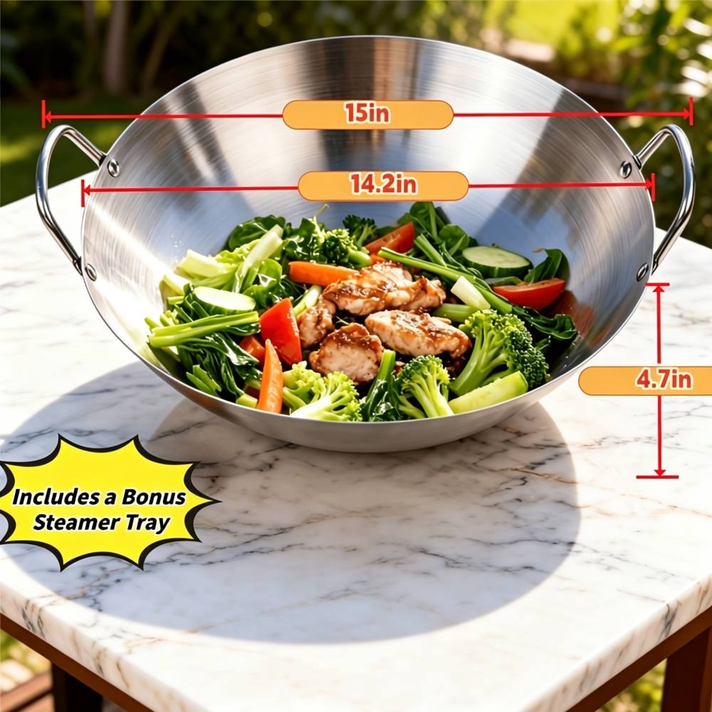 TEMU Heavy-duty Stainless Steel Pot, Large Wok With Dual Handles, Wok Suitable For Stir-frying, Frying, Sauteing, Boiling, And Slow Cooking,