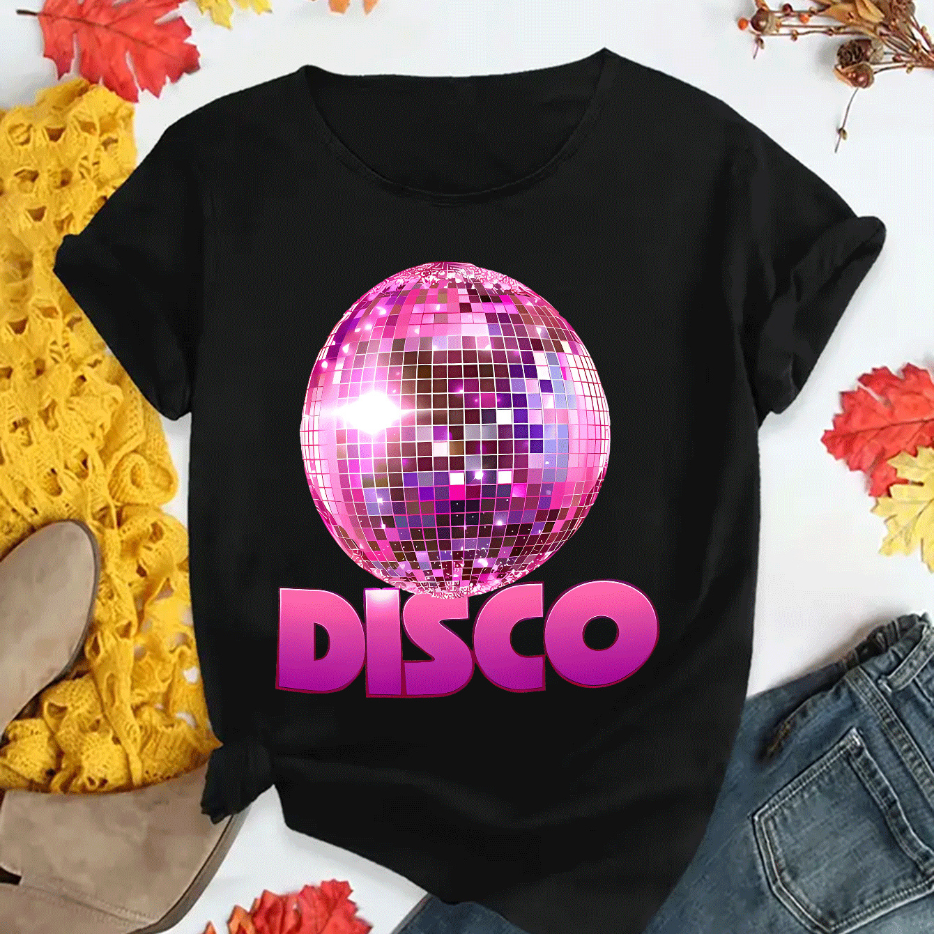 

T-Shirt Boule Disco Rétro - Rose Vif & Violet, de Polyester Extensible, Col Rond, Tee-Shirt Sportif Décontracté pour Toutes les , Lavable en Machine