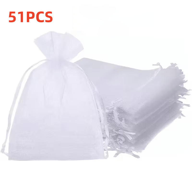 TEMU 51pcs White Breathable Mesh Organza Bags, Transparent Drawstring Pouches, Suitable For Wedding Favors, Jewelry Packaging, , Cosmetics, Candy -