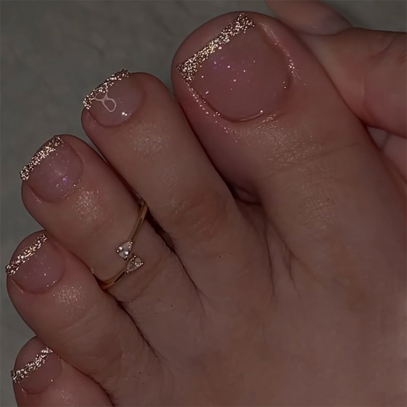 TEMU 24pcs Press-on Toe Nails, Classic Silvery Glitter Manicure, Minimalist Everyday Fake Nails, Fashionable And Elegant Flesh Pink Toe Nails, Toe