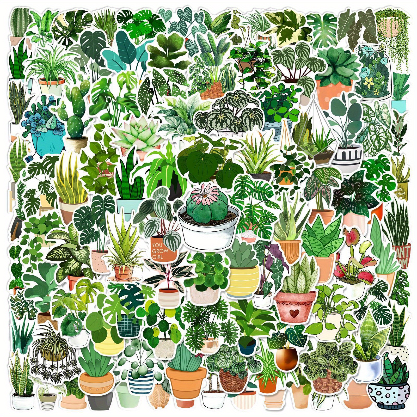Image of 100pcs Of Green Potted Plant Graffiti Stickers Series For Suitcases, Phone Cases, Laptops, Helmets, Skateboards, Decorative Stickers