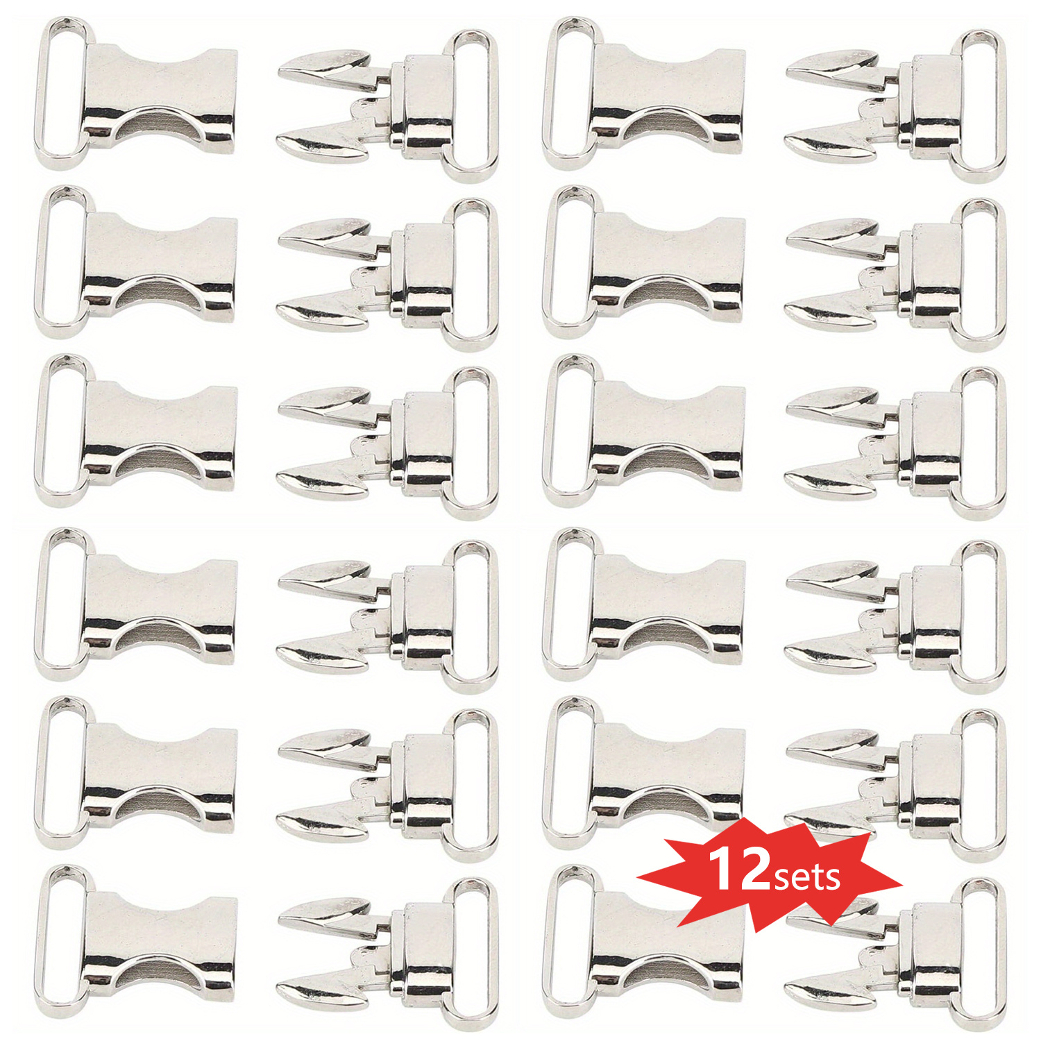 TEMU 12 Sets Of Quick Side Buckles Metal Fasteners, For Webbing, Umbrella Rope Bracelet, Pet Collar, Backpack Waist Belt, Silvery