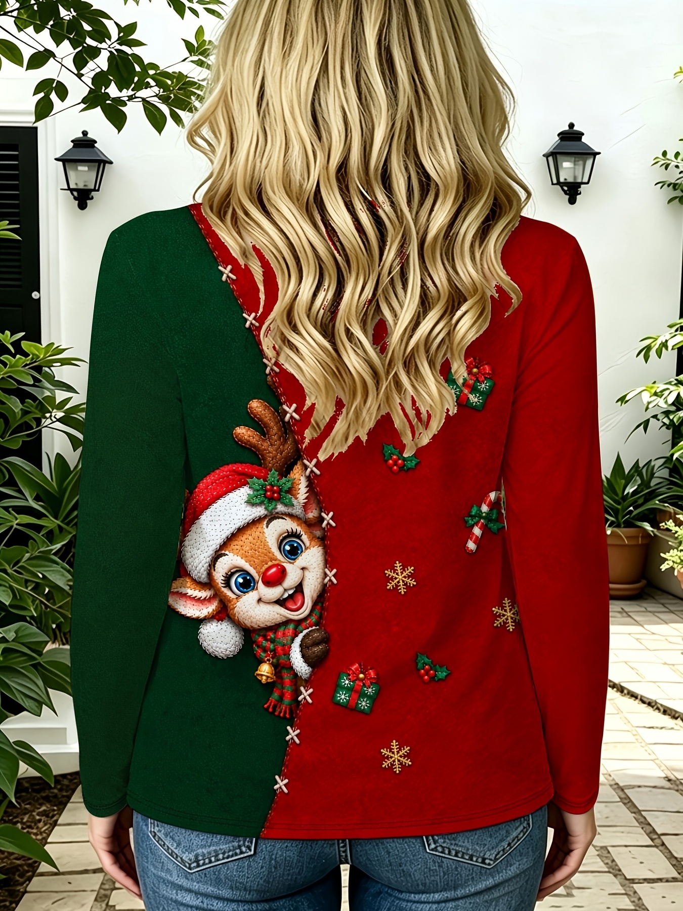 printed design not textured flat printing   texture womens v neck t shirt color block     christmas reindeer   simulated stitching gift box holly retro holiday pattern   versatile top
