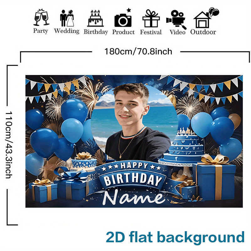 1 Customizable Polyester Birthday Banner Featuring A Personalized Name And Photo, Designed With A Luxurious Shiny Blue Theme. It Serves As A Photography Backdrop For Indoor And Outdoor Settings