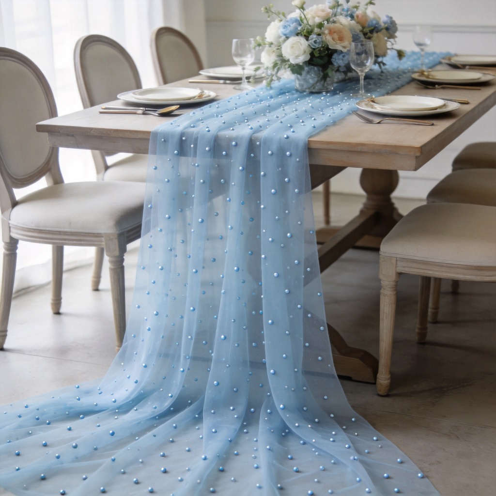 TEMU Luxury Blue Table Runner | Elegant Pearl Mesh Polyester, Breathable And Durable, Ideal For Weddings, Home Decor, And Festive Occasions
