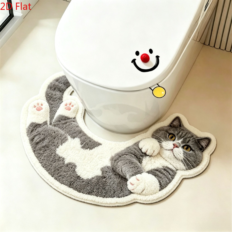 TEMU Samt 900G+9Mm Dünner Plüsch 2D Flacher Lazy Relaxing Katzen Druck Muster Teppich Zuhause Waschbar Geeignet für Toilette Plüschteppich U-förmig
