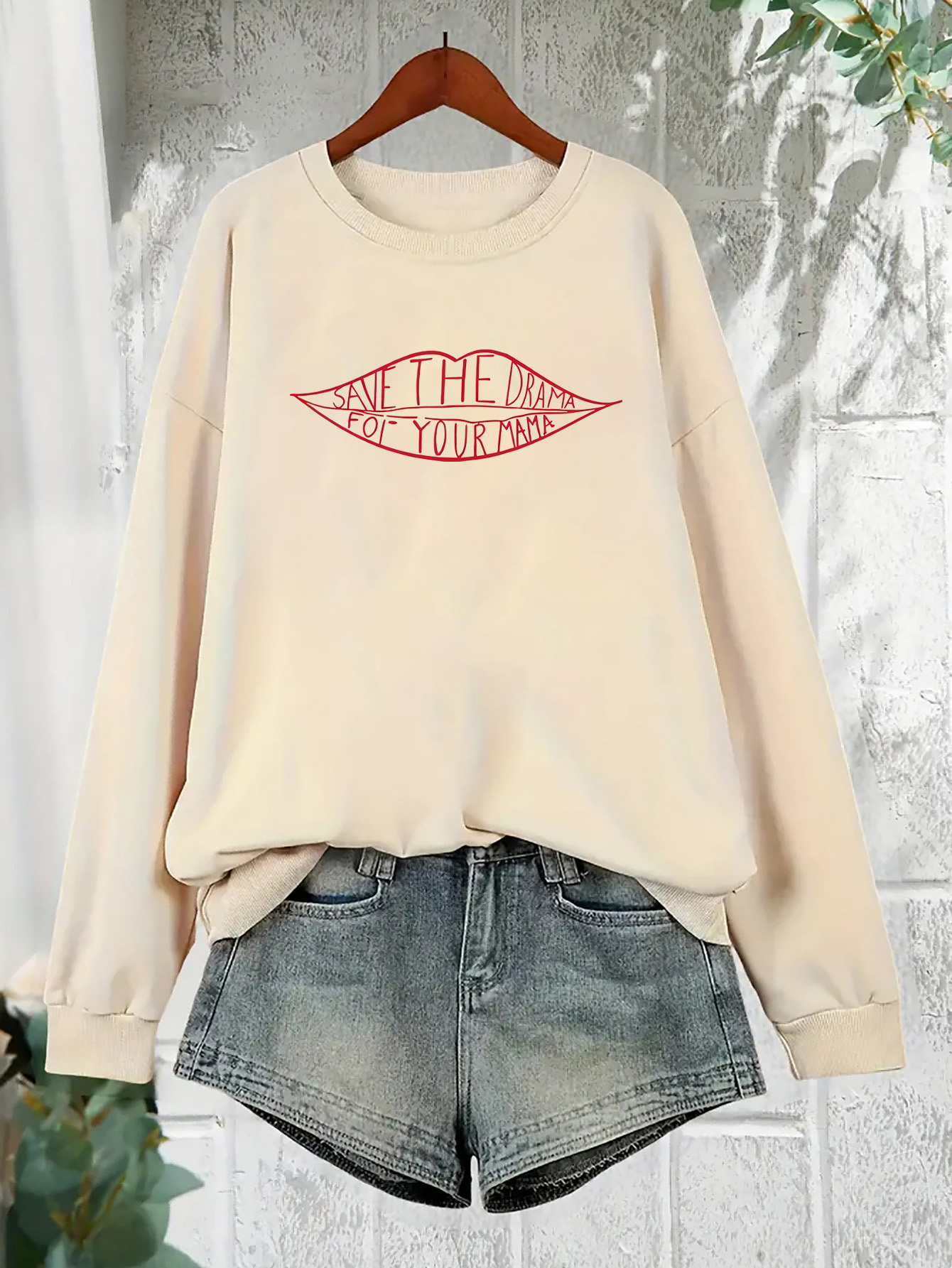 womens save the drama printed pullover sweatshirt casual and stylish long sleeves knit fabric polyester crew neck elastic   adults     stretch printed design