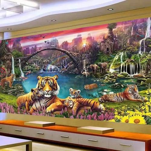 extra large 5d diamond painting kit featuring a a forest landscape with a waterfall along with and elephants complete round with a 3d effect showcasing a scene orange blue