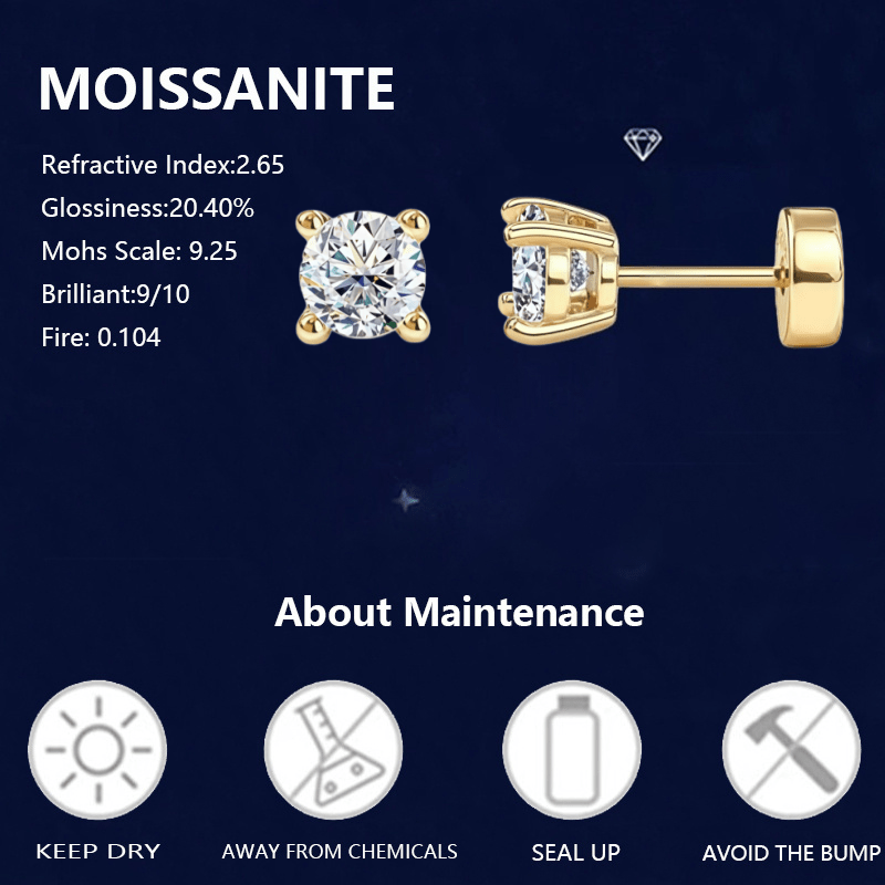 925 Silver Moissanite Stud Earrings, Anti-Allergy Design