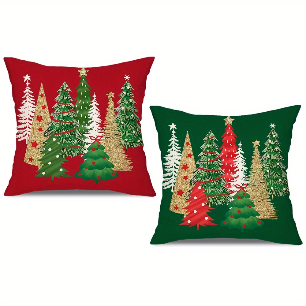 TEMU Set Of 2 Christmas-themed Polyester Pillow Covers, Featuring A Red And Design With Christmas Trees. Ideal For Decorating Your Room, Bedroom,