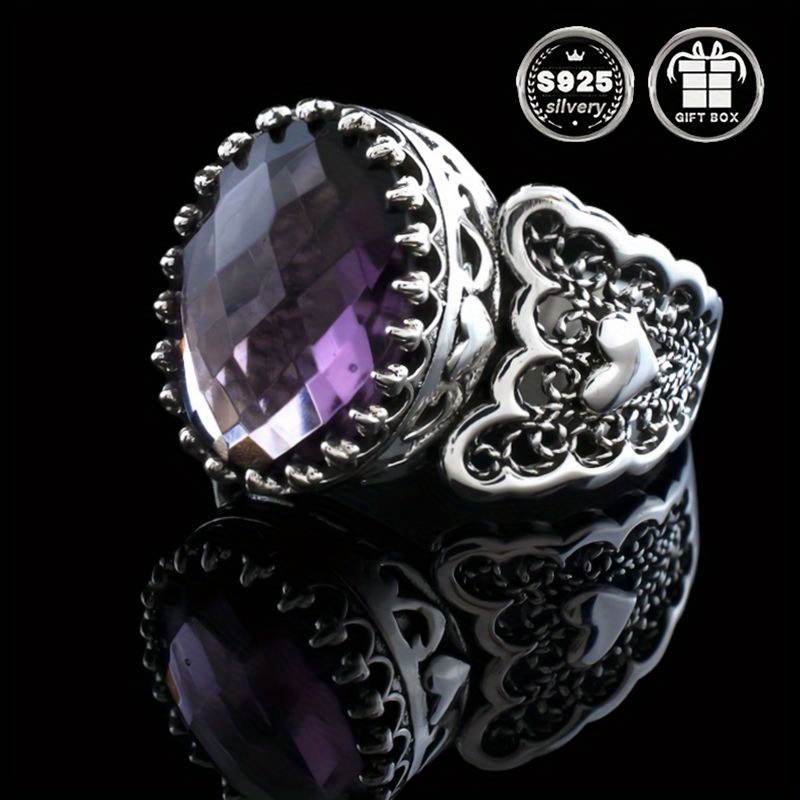 handcrafted 925 sterling silvery cocktail ring with amethyst gemstone vintage boho   for weddings parties details 0