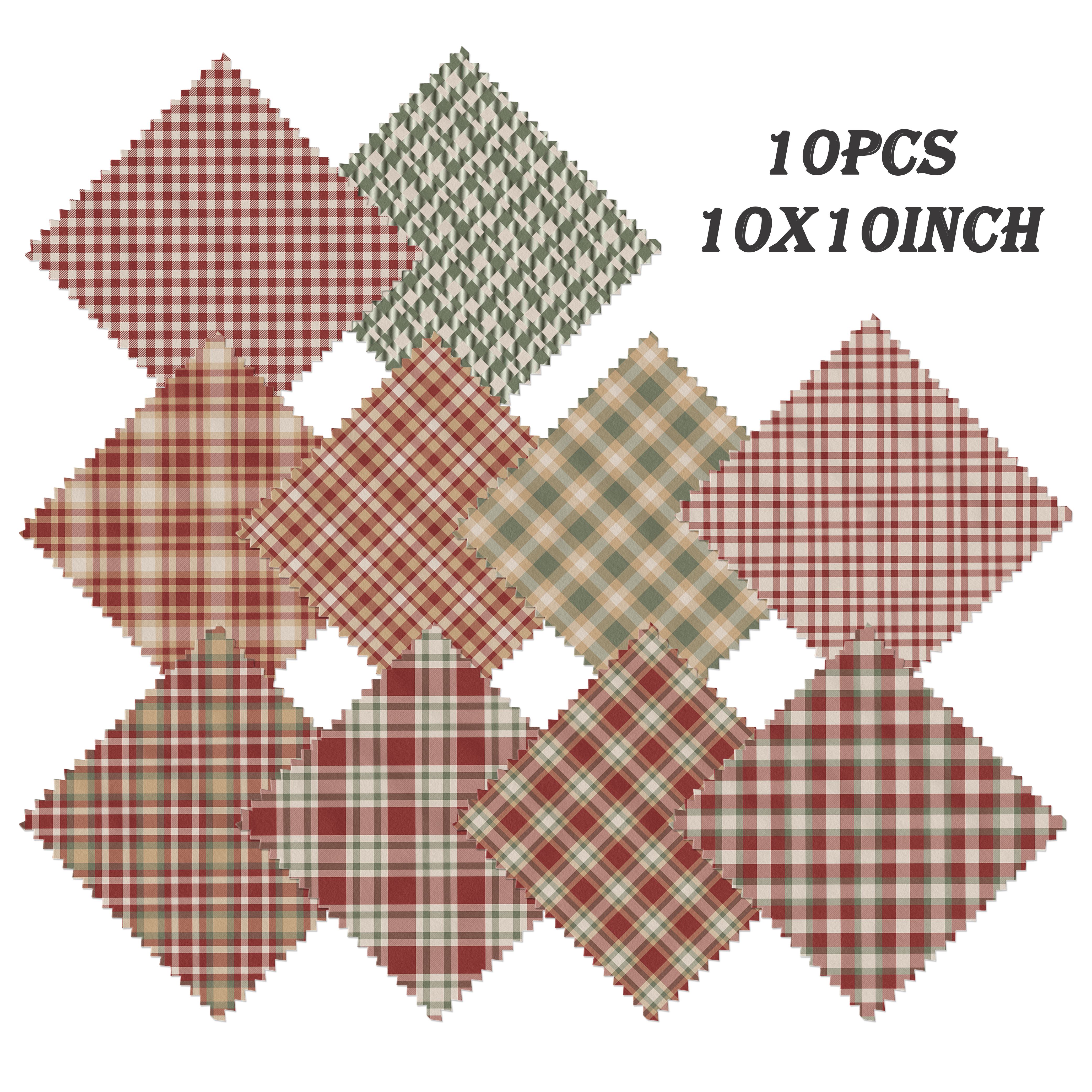 TEMU 10 piezas de desechos de tela precortados con serrado de X cm, estampado a cuadros retro americano y verde envejecido, tela 100% poliéster,