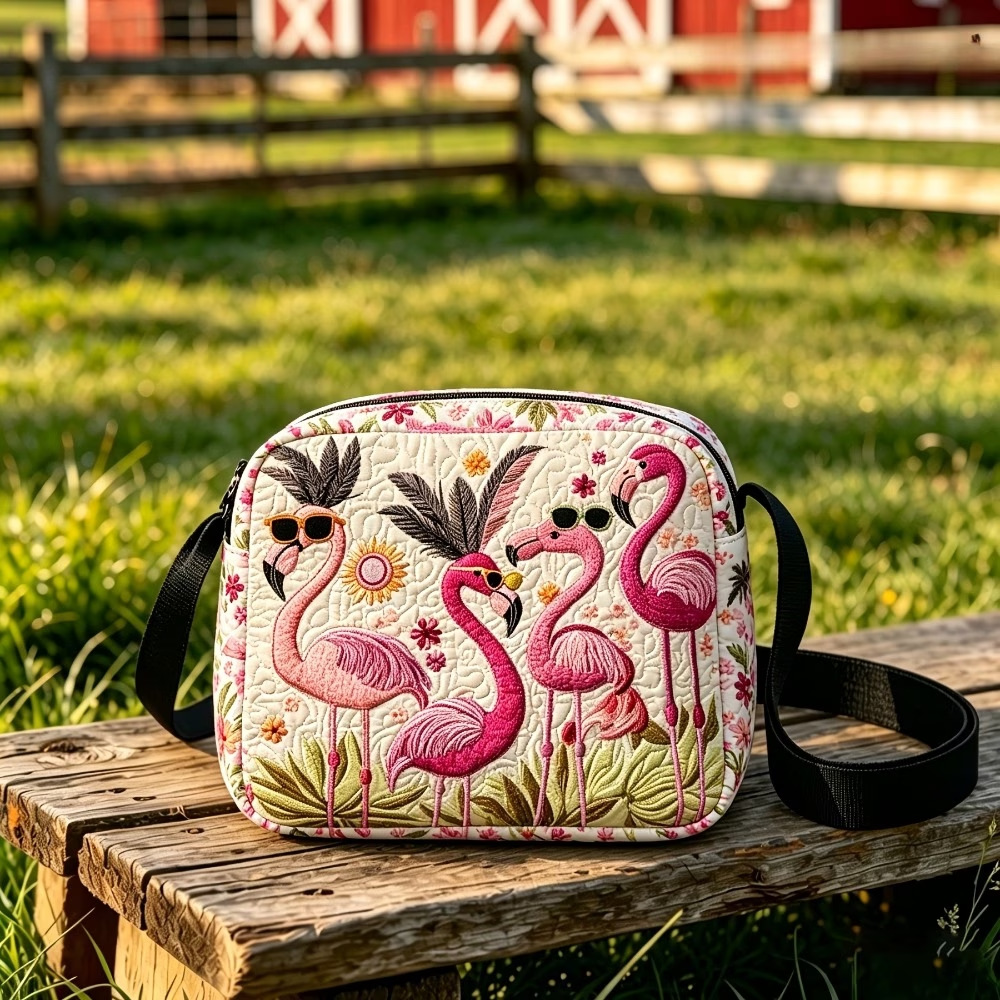 Image of 1pc Quilted Flamingo Print Crossbody Bag, Multi-pocket Lightweight Casual Travel Purse, Graduation Birthday Gift For Summer Beach Vacation Daily