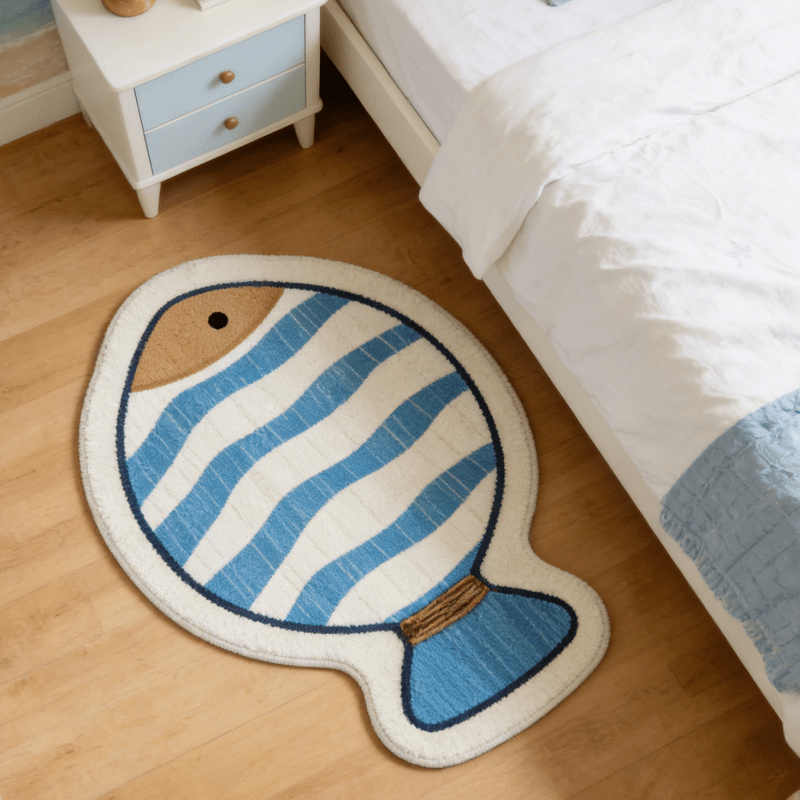 TEMU Tappeto a forma di pesce irregolare a righe nautiche blu e bianche, in peluche ispessito tipo , antiscivolo, per camere, balcone, , camera da