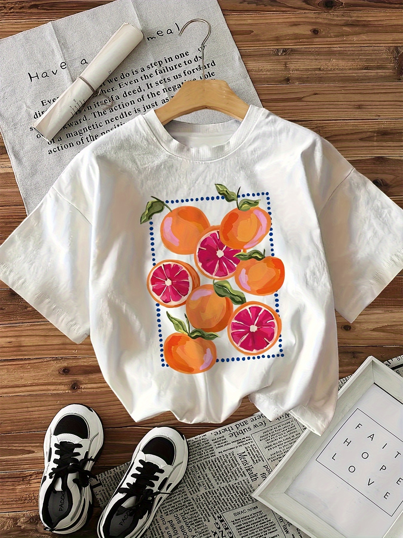 Women'S Tops Watercolor Citrus Slice Print Short Sleeve Crew Neck T-Shirt, Suitable for All Seasons, 100%, Machine Washable
