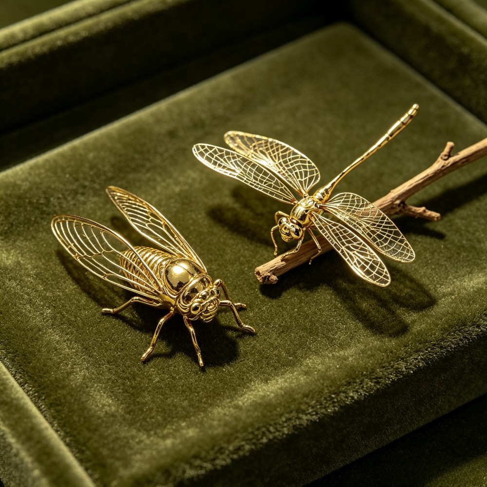TEMU 2pcs Exquisitely Carved Golden Insect Ornaments, Dragonfly And Cicada Statues - 3d Wings - Light Room Desktop Decor, Excellent Holiday Gift, A