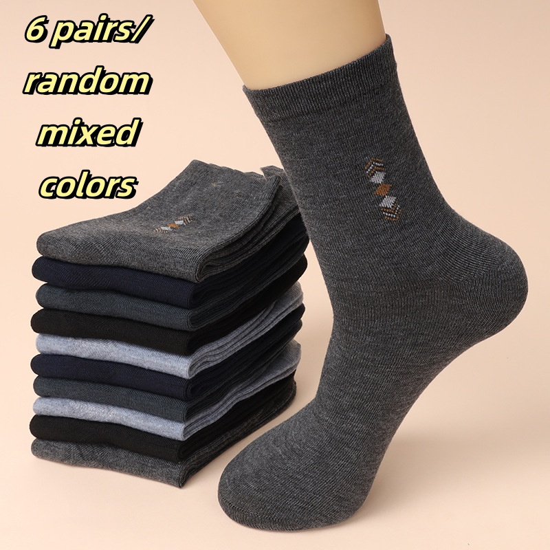 Image of Random 6-pair/mixed Color Socks, Autumn/winter Men's Mid-calf Socks, Sweat-absorbent, Breathable, And Odor-resistant, Men's Knee-high Socks, Middle-aged And Elderly Socks, Casual Cotton Socks