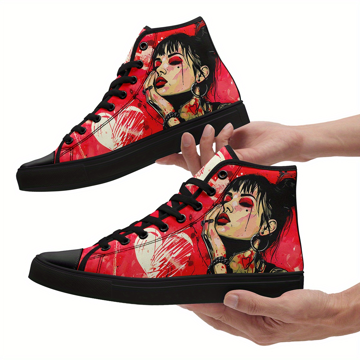 [Bold Fashion Sneakers] Bold Fashion Sneakers - Men's Punk Graffiti Print High-Top Sneakers | Lightweight Breathable Casual Shoes with Red & Black Artistic Design, Lace-Up Closure, Rubber Sole for All-Season Streetwear, High Top Sneakers, Streetwear Footwear, Durable Traction Footwear
