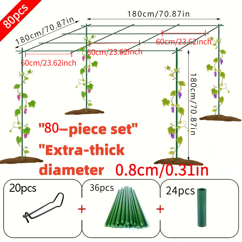 E-shop 80 robuste Garten-Weinstützen aus Metall – Extra dick, 0,8 mm Durchmesser, 36 Stäbe, 60 cm lang + 24 Verbindungsstücke + 20