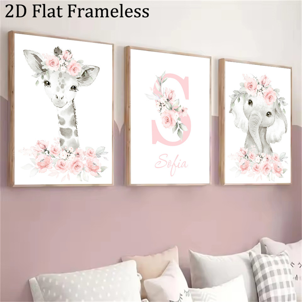 TEMU 2d Flat, 3pcs Frameless Cartoon Animal Art Prints, Personalized Custom Name Poster, Pink Floral Elephant And Giraffe Canvas Painting, Botanical