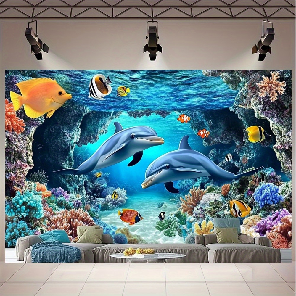 

1pc Polyester 3d Underwater Dolphin Wall , No Electricity Needed Backdrop For Birthday, Tailgating & Photo , Vibrant Coral Design For Kids & Newborns