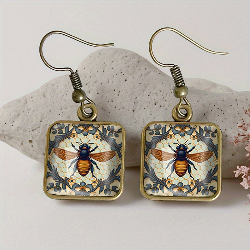 TEMU 1 Paire de Boucles d'Oreilles Carrées Abeille Rétro en Verre Suspendues, Bijoux Main, Cadeau pour Ami