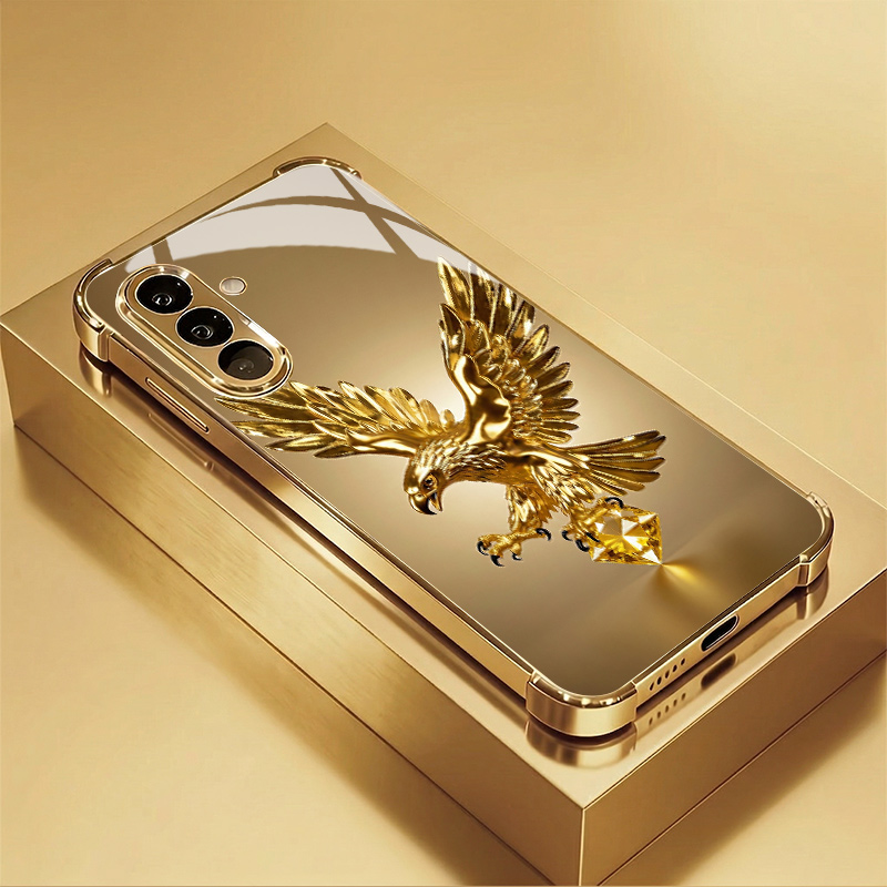 TEMU Phone Case - A New Gold-plated Glass Phone Case Featuring A Diamond-studded Golden Eagle Design With Reinforced Corners, Compatible With For