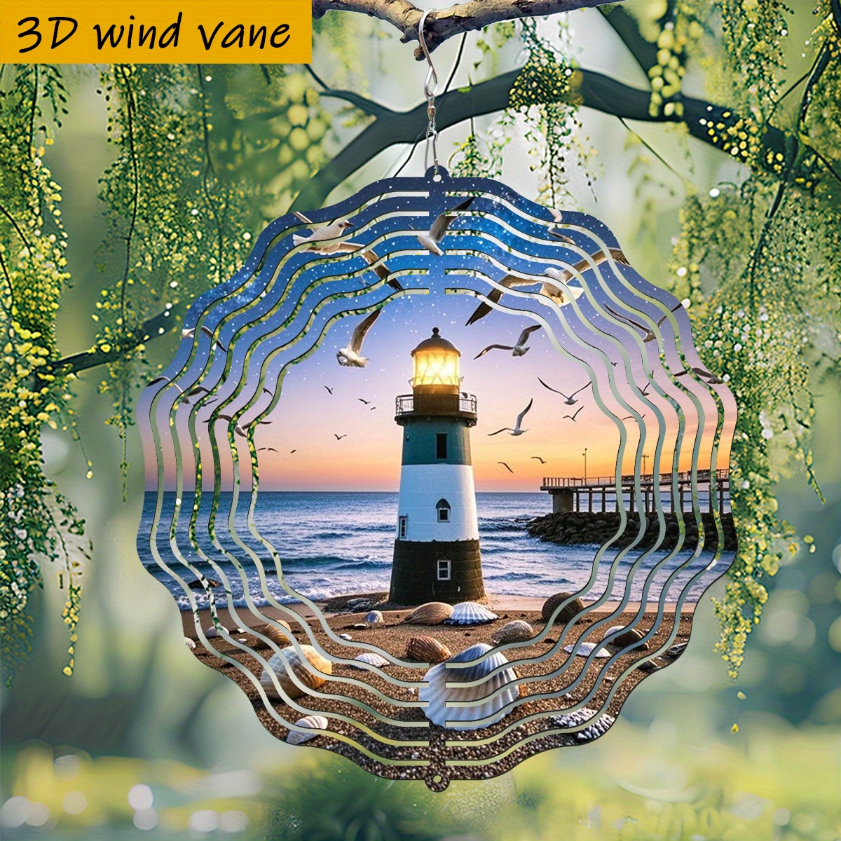 E-shop 3D . "Möwen fliegen vor dem ." 25,5 cm/10 Zoll * 25,5 cm/10 Zoll mit drehbarem Haken, 360° kreativer Windspiel" Robuste Metall Outdoor Rasen