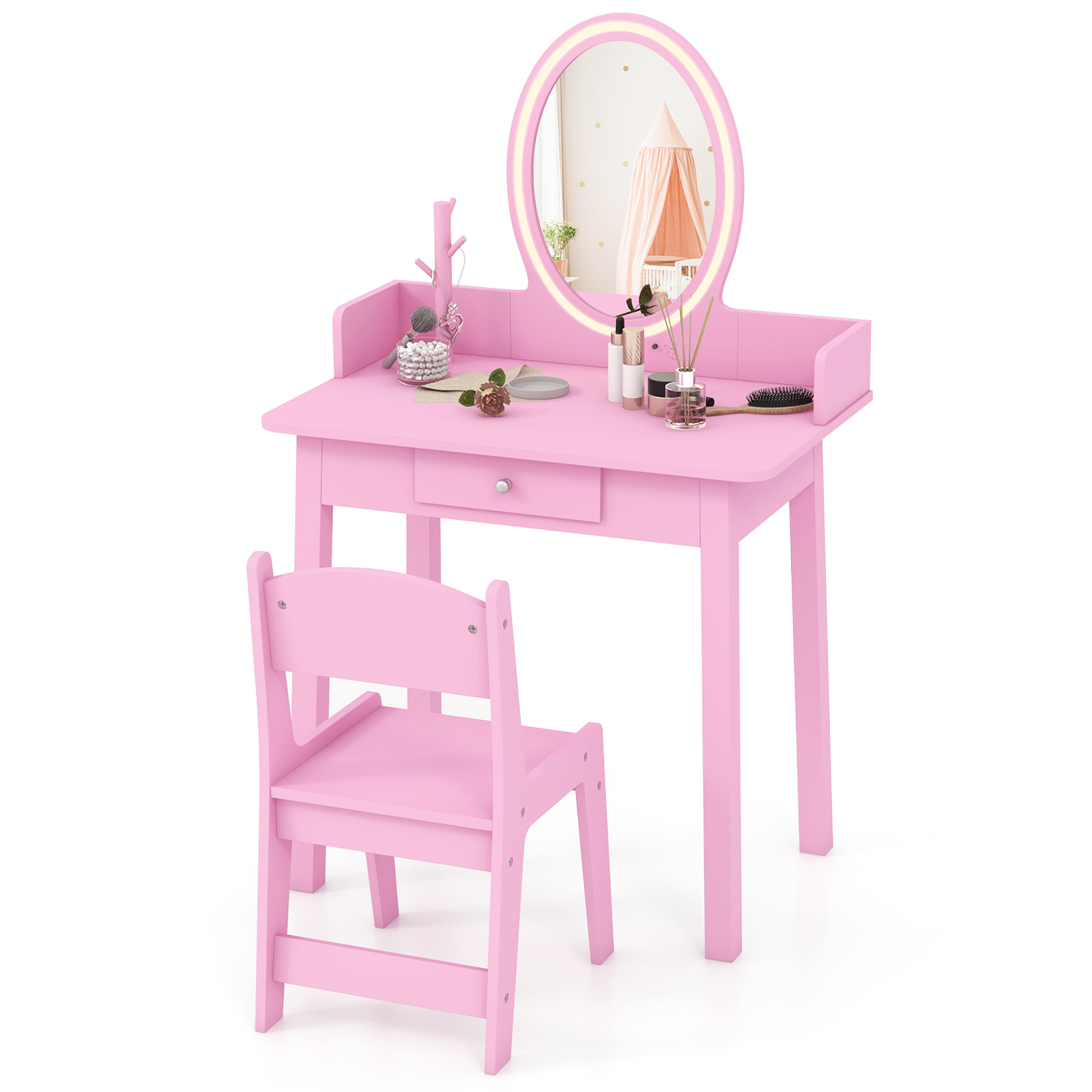 Image of ' Kids Hairdresser & Chair - 2-in-1 Play Table With Removable Mirror, Storage Drawer & Jewelry Organizer, Mdf/furniture Board Dresser Suitable For Pretend Play, Easy Assembly, Age 3-8 Years