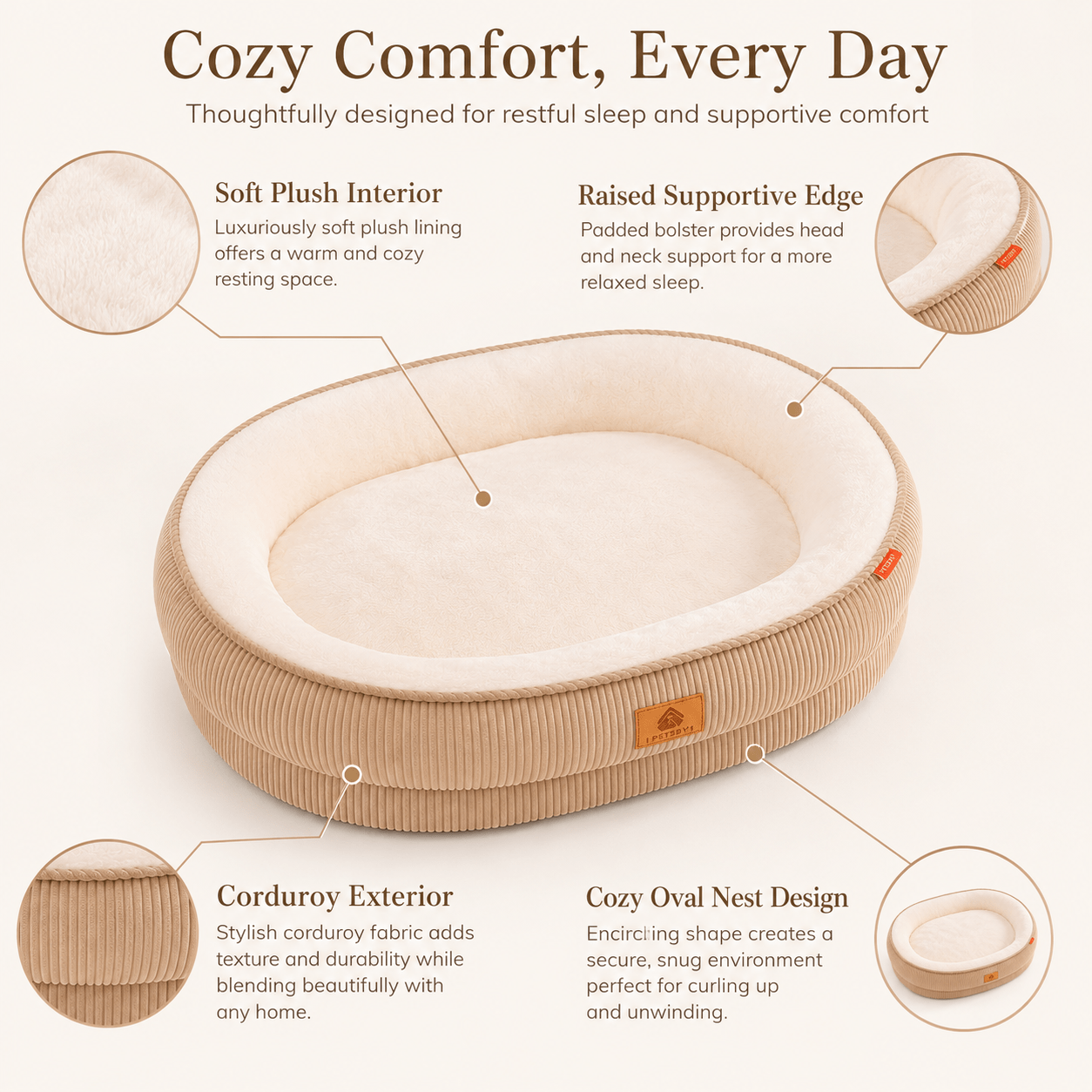 Corduroy Pet Bed, Soft Plush Oval Bed with Raised Bolster, Cozy Washable Cushion, Suitable for Cats & Small/Medium Dogs, Puppies, Chihuahuas, Shih Tzus, Dog Bedding