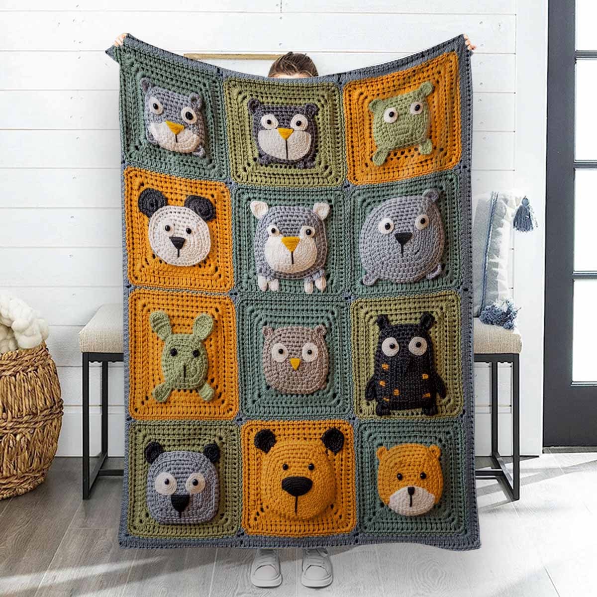 

1pc Cozy Contemporary Crochet Animal Montage Flannel Blanket - Soft Polyester Knit Throw For Sofa, Bed, Office, Travel - Multipurpose Nap Blanket - Ideal Birthday/holiday Gift For Adults