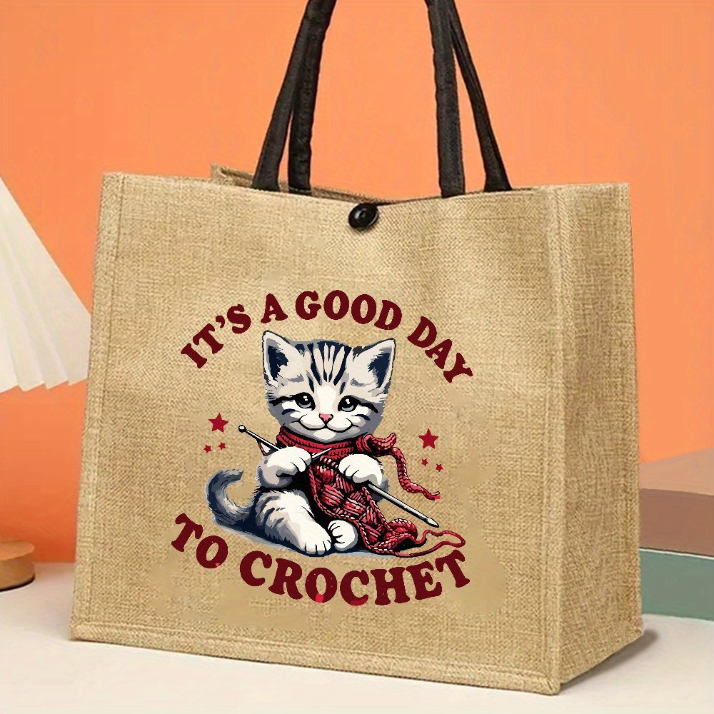 TEMU Crochet Cat Print Jute Tote Bag, Large Capacity Handbag For Shopping, Picnic, Travel -