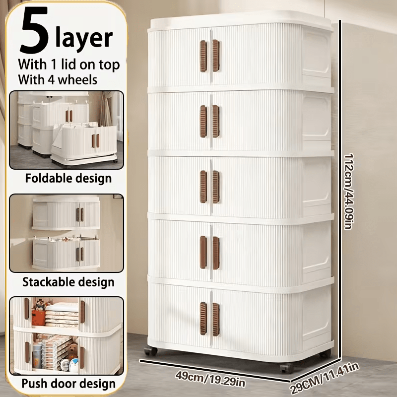TEMU Meuble de rangement pliant à 5 niveaux, grands de rangement en plastique, conteneurs empilables pliables avec roulettes, 'organisation pliable