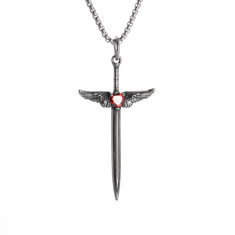 TEMU 1pc Gothic Wing Sword Pendant Necklace, Inlaid With Red Heart, Vintage Punk Style Jewelry, Suitable For Men And Women, Daily Wear, Birthday,